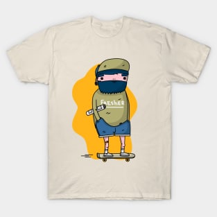 Beard boy on skateboard with newspaper T-Shirt